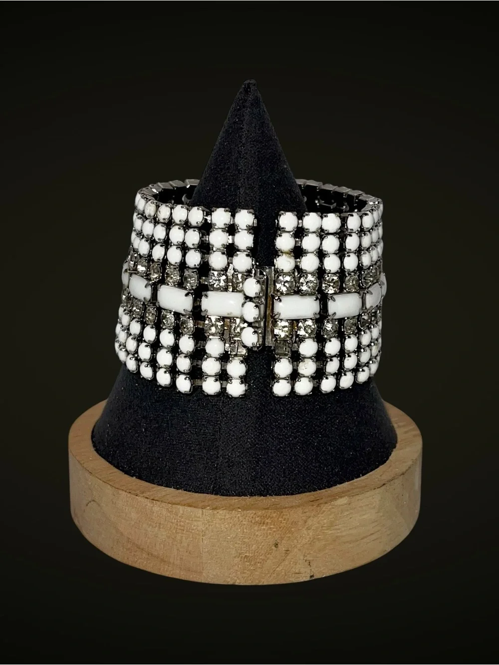 Stunning Vintage MidCentury Milk Glass and Rhinestone Statement Bracelet Estate